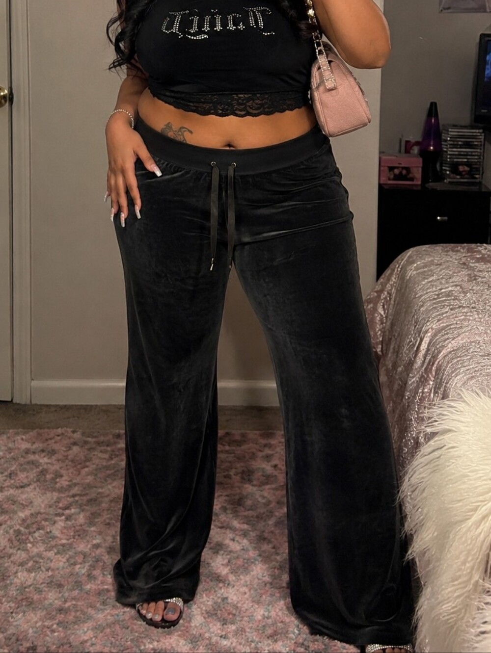 Fashion Bug NWT Plus Size Black Velvet Wide Leg Lounge Pants 2XP Drawstring